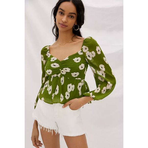 ASTR the Label Toscana Babydoll Blouse Green Floral Bubble Sleeve Size Small - Picture 2 of 10